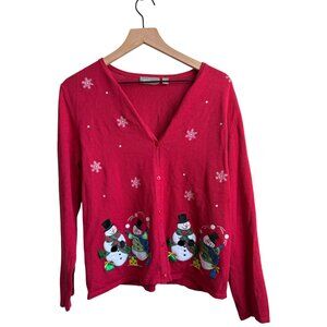 Croft & Barrow Womens Red Christmas Cardigan Sweater Snowmen Snowflakes Small